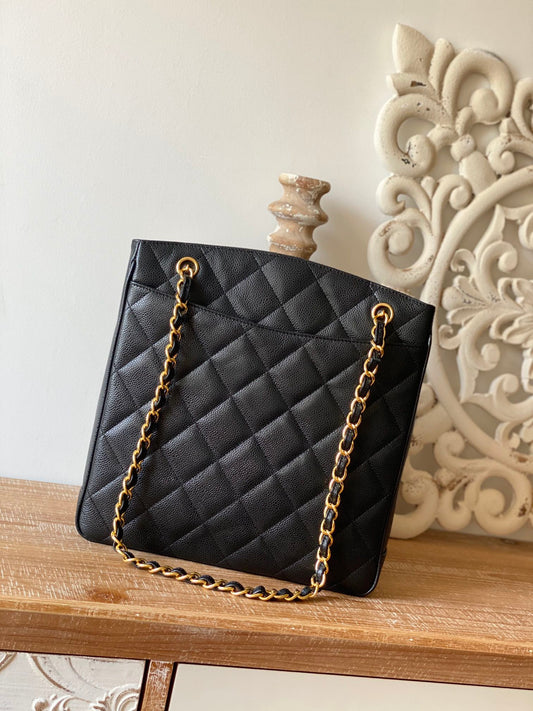 CHL - Vintage Black Large Quilted Caviar Tote Bag For Women 28cm/11in