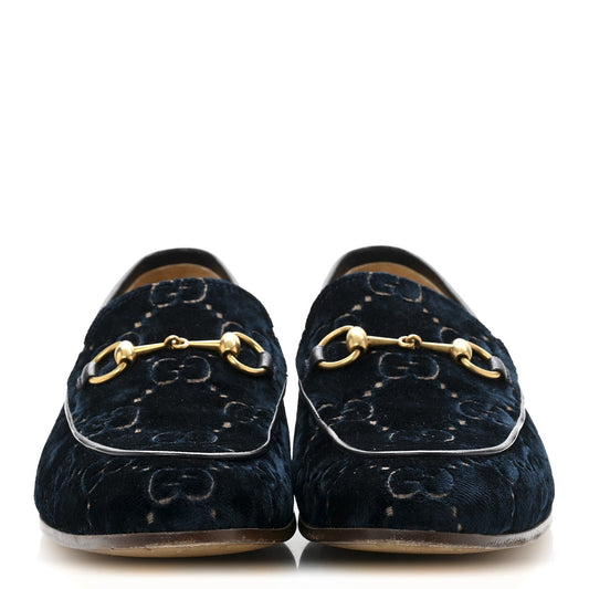 Amelia Velvet GG Monogram Horsebit Mens Jordaan Loafers 8.5 Blue Beige
