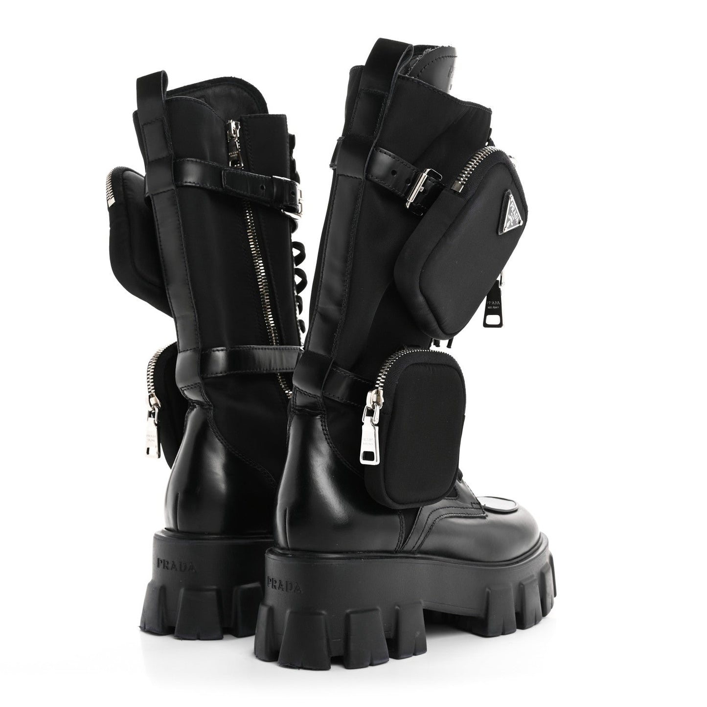 Prada Spazzolato Rois Re-Nylon Metal Triangle Logo Monolith Pouch Pocket 55mm Tall Combat Boots 36.5 Black