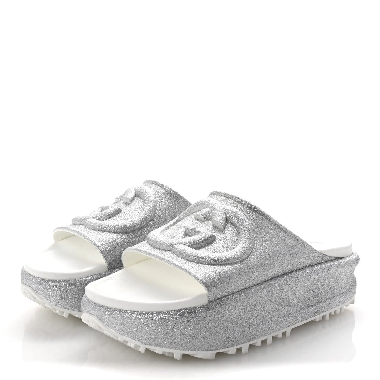 Amelia Glitter Rubber Womens InterLocking G Platform 42mm Slide Sandals 37 Silver