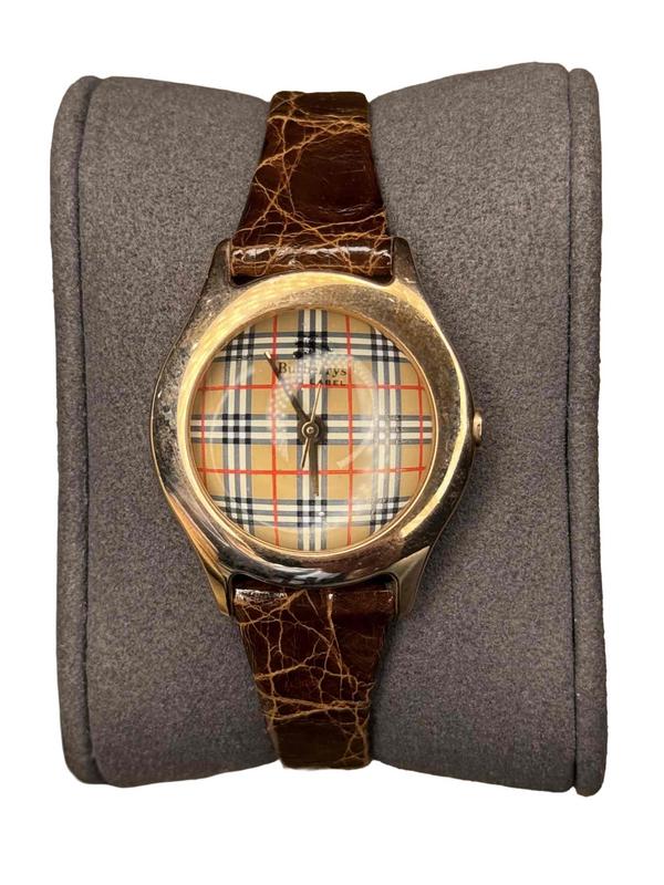 Burberry Plaid Pattern Rose Plated Brown Leather Strap