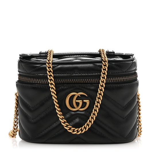 Amelia Calfskin Matelasse Chevron Mini GG Marmont Top Handle Bag Black