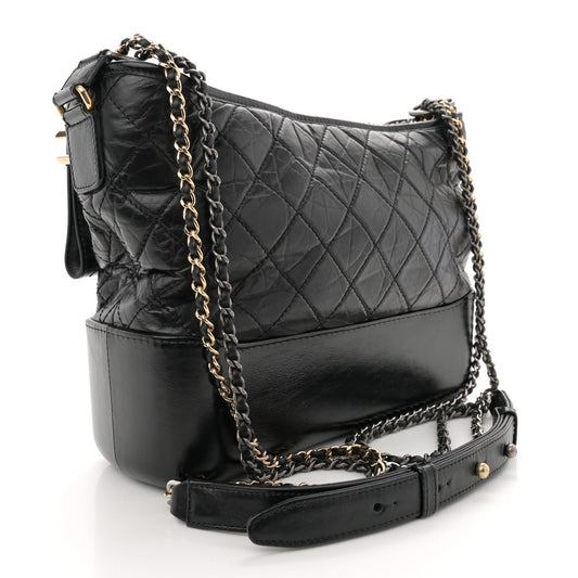 Amelia Aged Calfskin Quilted Medium Gabrielle Hobo Black