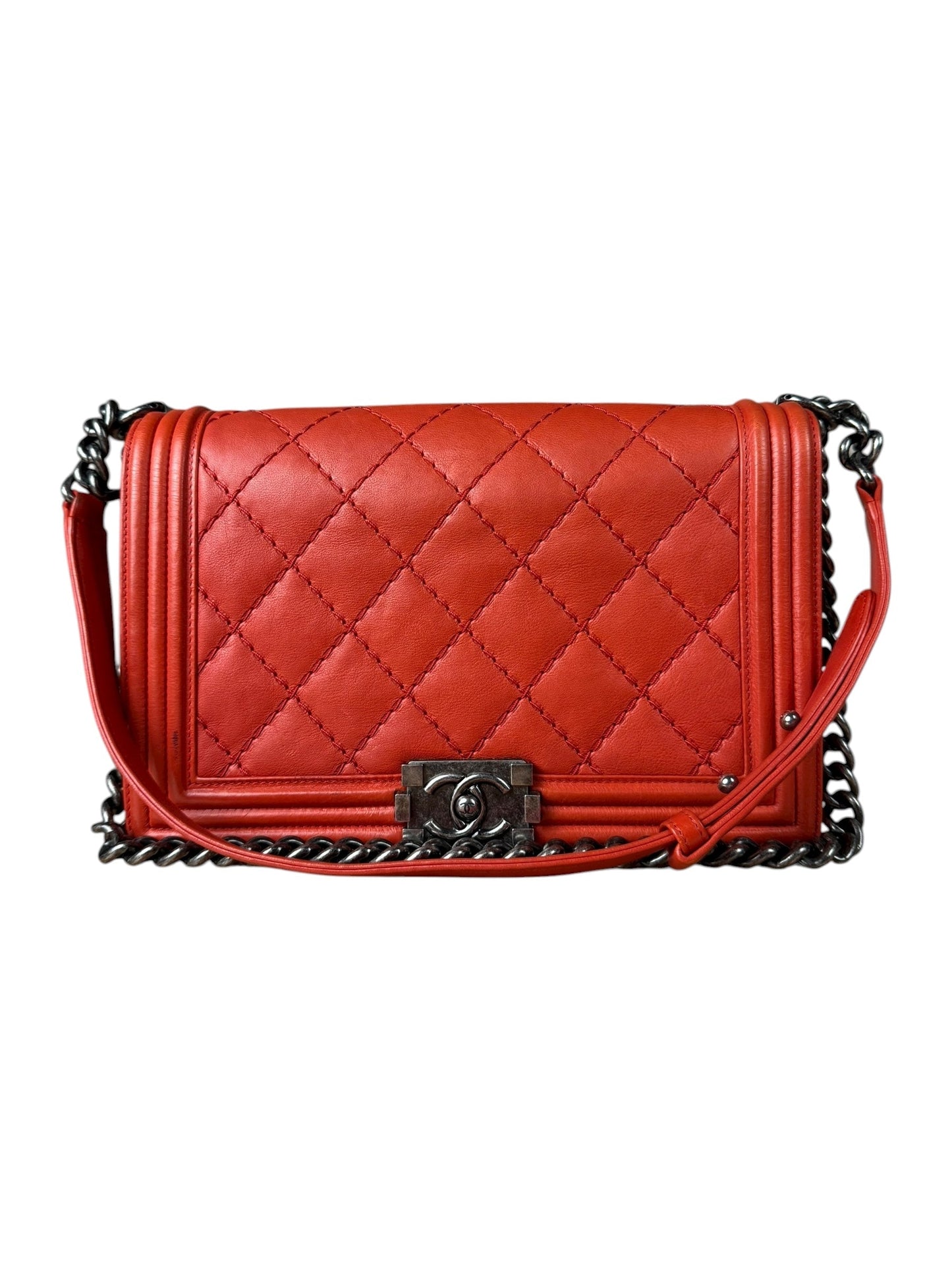 Chanel Quilted Stitch Red Leather Boy Bag 2014