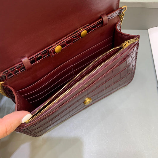 BLN-Ciaga Croc Embossed Patent B Bag With Chain In Dark Red, For Women,  Bags 7.9in/20cm