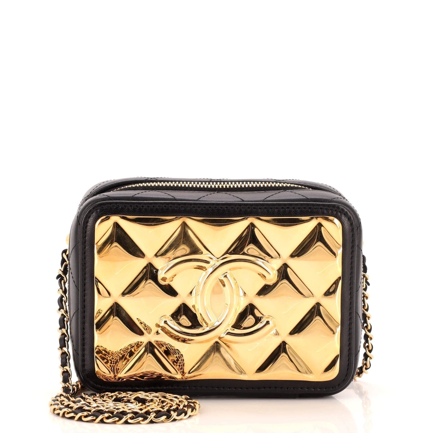 CHANEL Golden Plate Zip Around Vanity Case with Chain Quilted Metal and Lambskin Mini