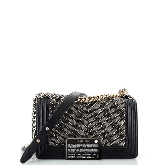 CHANEL Boy Flap Bag Studded Chevron Calfskin with Tweed Old Medium