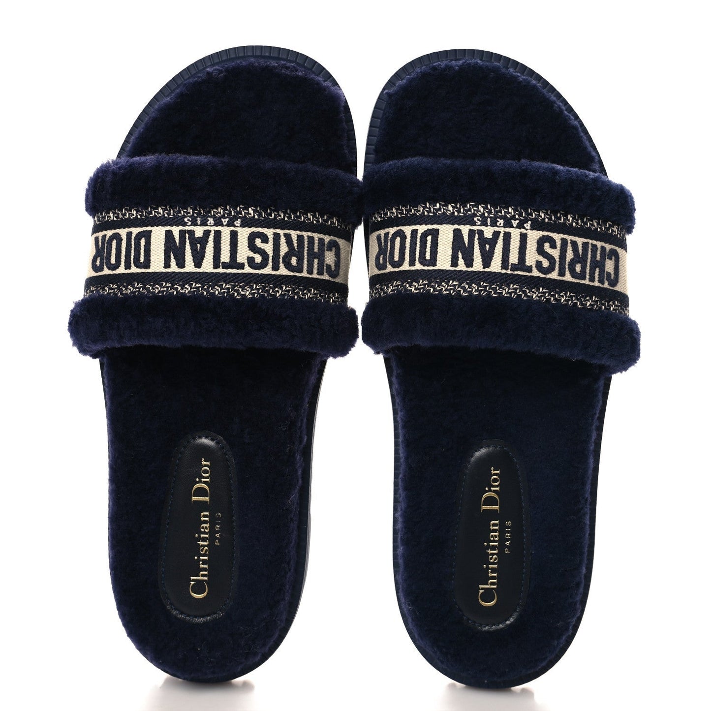 Christian Dior Shearling Canvas Lurex Embroidered Dway 10mm Slide Sandals 41 Navy Natural