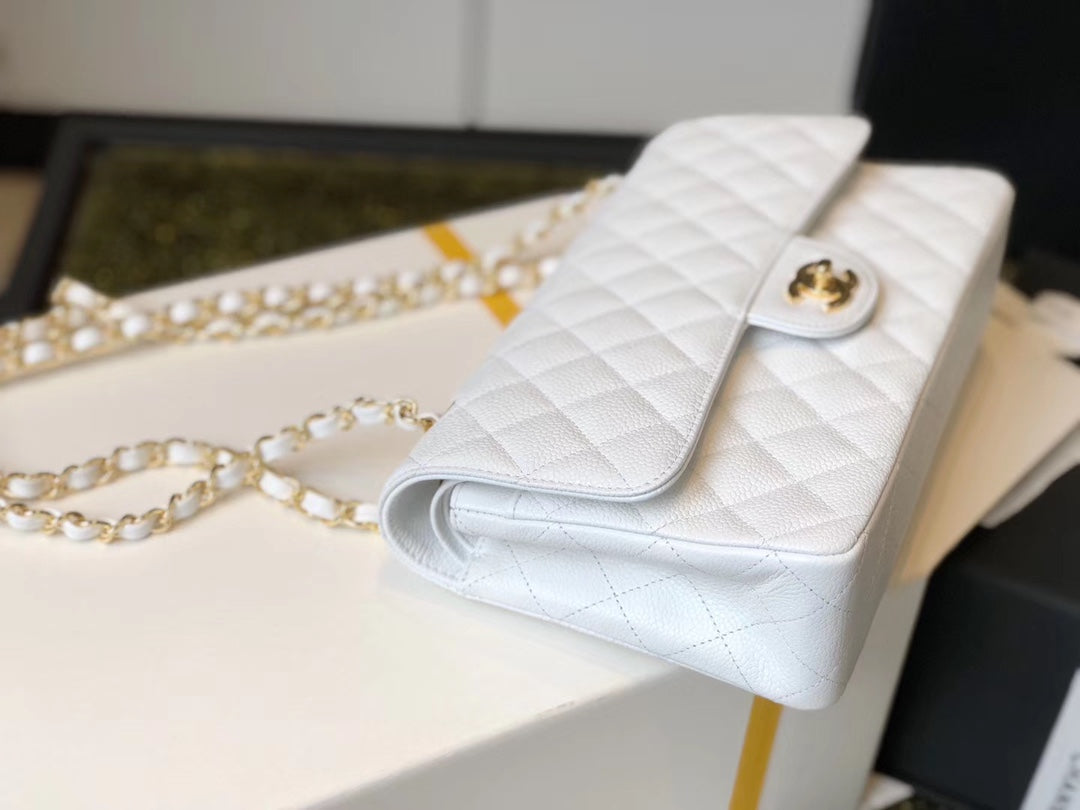 CHL -  Classic Medium Flapbag Golden Hardware White 10in/25.5cm
