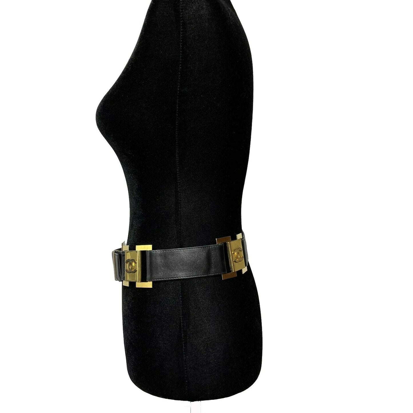 CHANEL   1980's Black Leather and Gold Buckle CC Link Belt