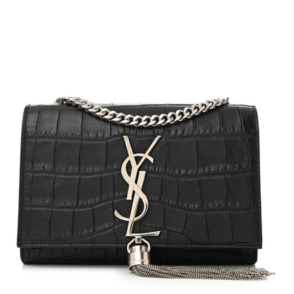 Saint Laurent Calfskin Crocodile Embossed Small Classic Monogram Kate Tassel Satchel Black