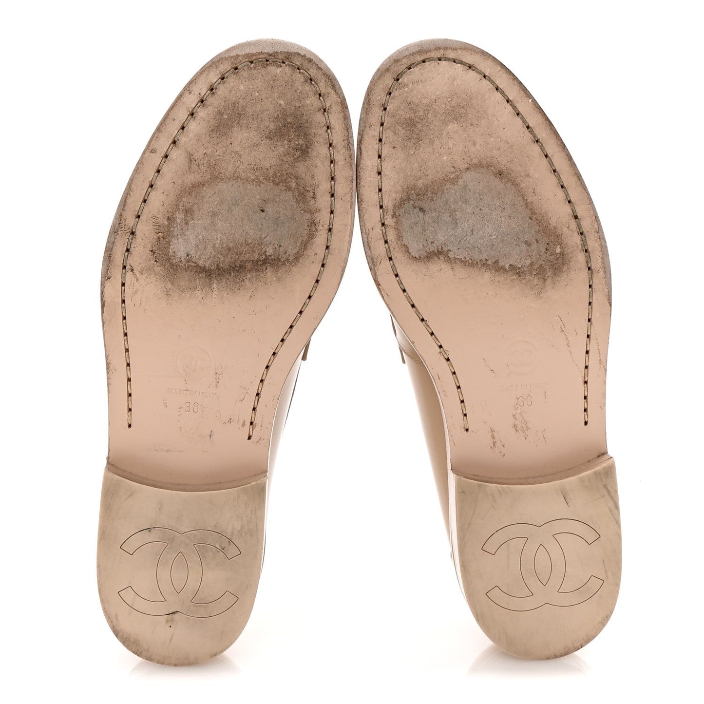 Amelia Shiny Calfskin CC Loafers 38 Beige White