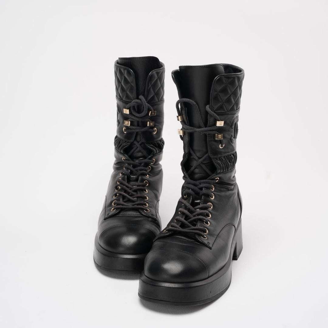 Chanel Black Lace Up Combat Boots Lambskin 39