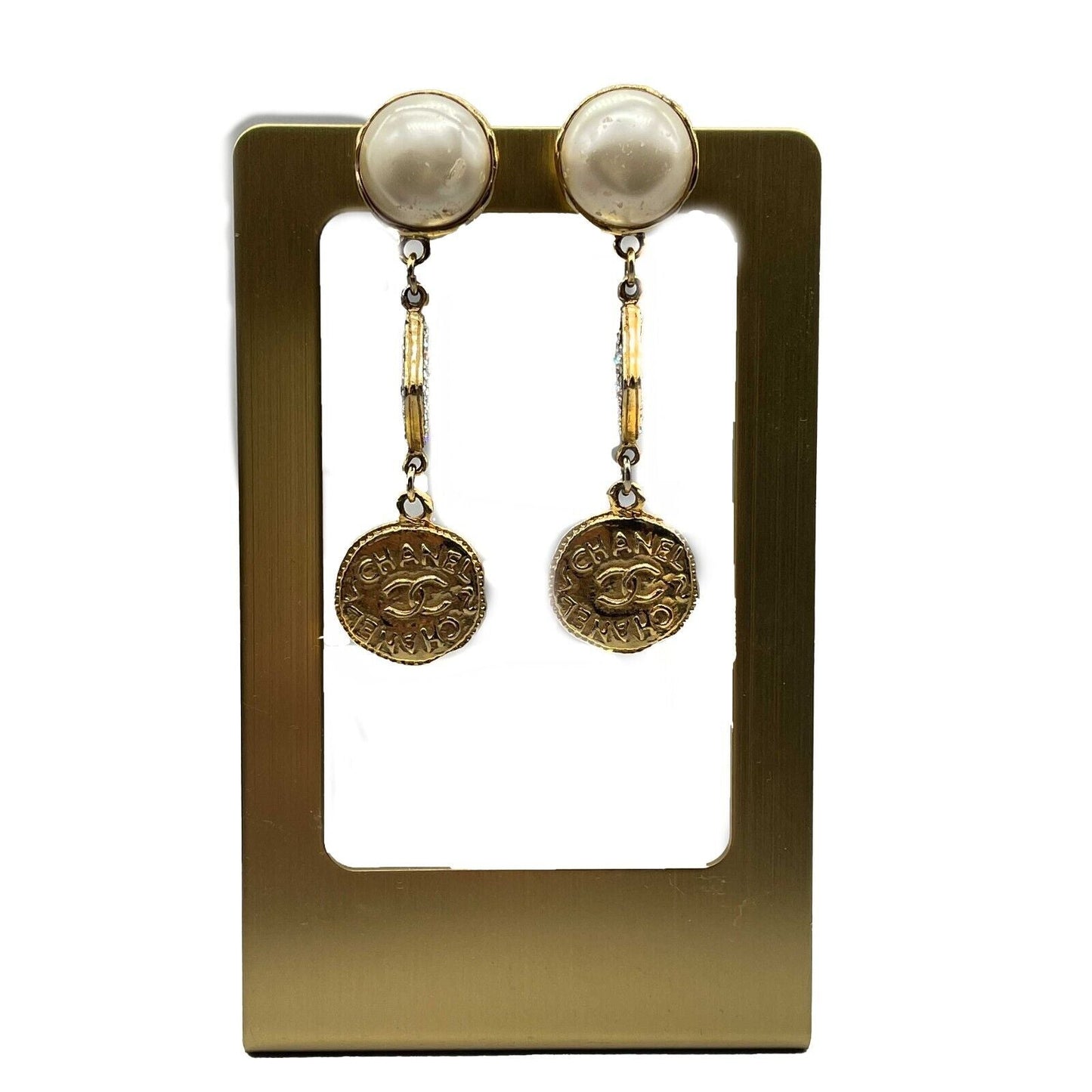 CHANEL    1970s Faux Pearl Medallion CC '' Clip-On Earrings