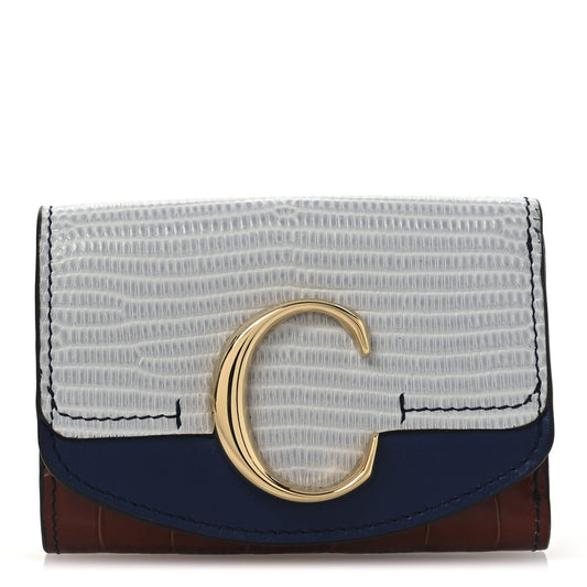 Amelia Lizard Crocodile Embossed Shiny Calfskin Small C Tri-Fold Wallet Chestnut Brown Blue Chestnut Brown Blue
