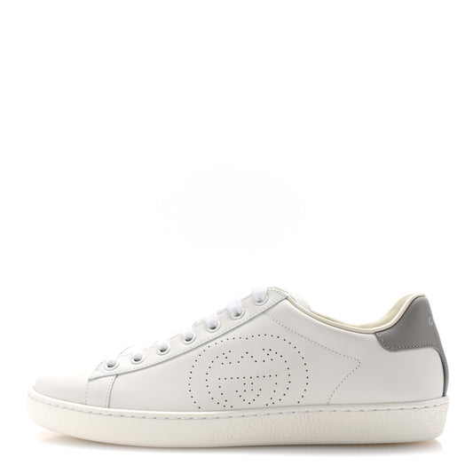 Amelia Calfskin InterLocking G Perforated Womens Ace Sneakers 38.5 White Grey Sky