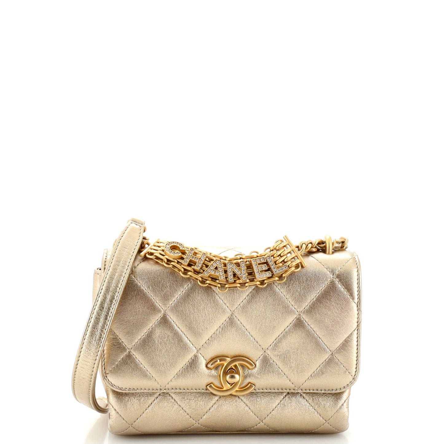 CHANEL Crystal Logo Letters Chain Handle Flap Bag Quilted Lambskin Mini