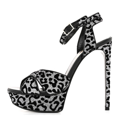 Saint Laurent Velvet Glitter Leopard Print Platform Sandals 37 Argento Black