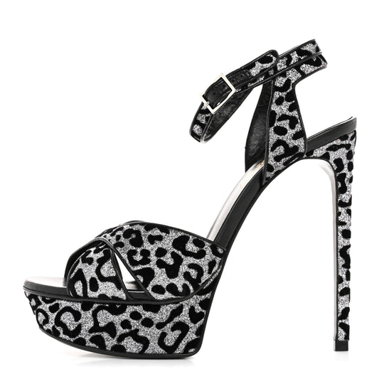 Saint Laurent Velvet Glitter Leopard Print Platform Sandals 37 Argento Black