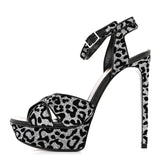 Saint Laurent Velvet Glitter Leopard Print Platform Sandals 37 Argento Black