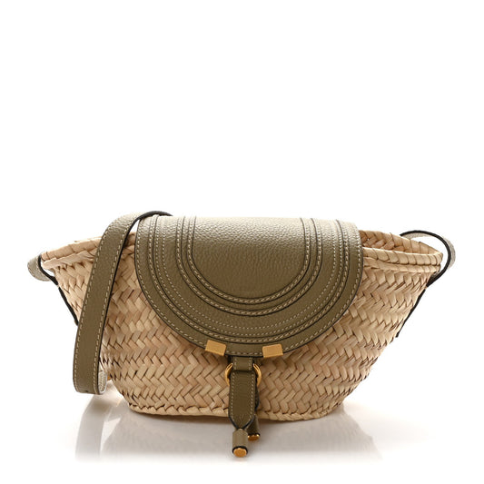 Amelia Raffia Small Grain Calfskin Small Marcie Basket Shoulder Bag Pottery Green