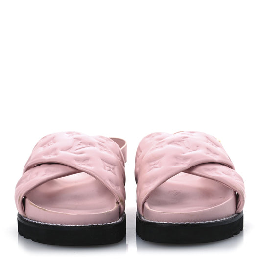 Louis Vuitton Lambskin Monogram Embossed Paseo Flat Comfort Sandals Rose Clair