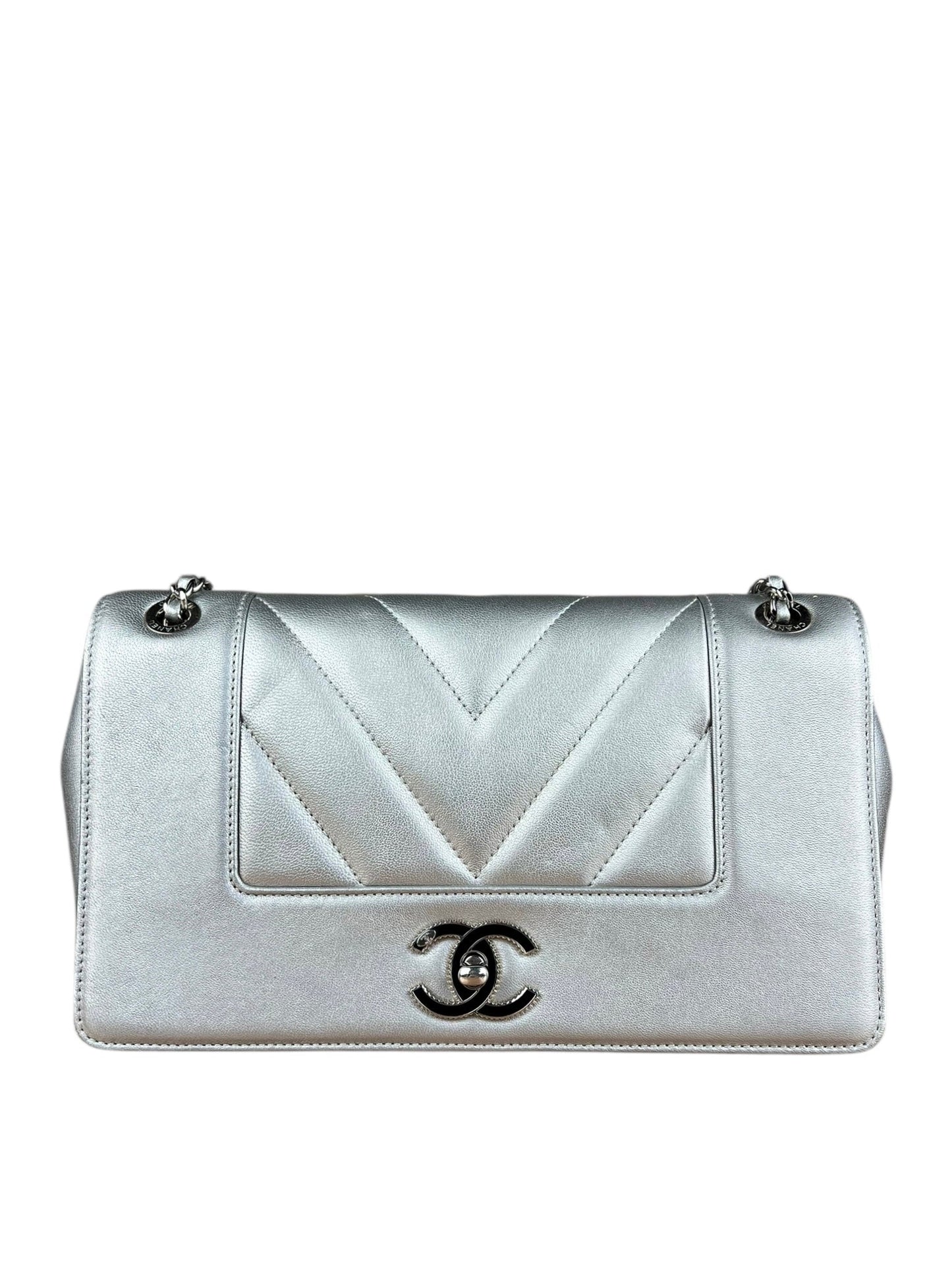 Chanel 2017 Mademoiselle Silver Chevron Single Flap