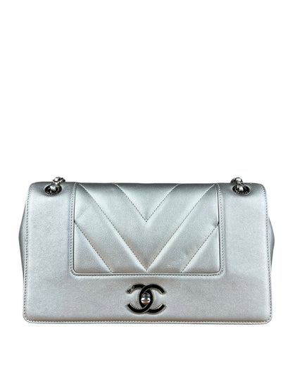Chanel 2017 Mademoiselle Silver Chevron Single Flap