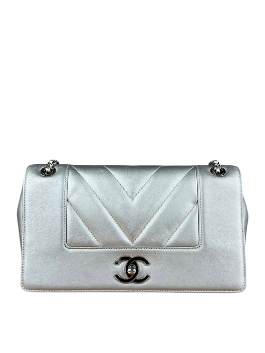 Chanel 2017 Mademoiselle Silver Chevron Single Flap