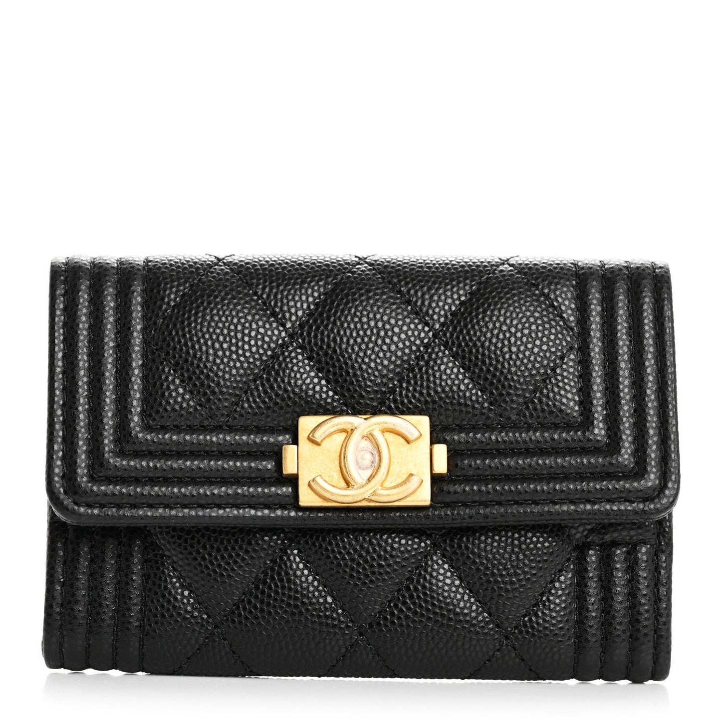 Amelia Caviar Quilted Boy Flap Card Holder Black
