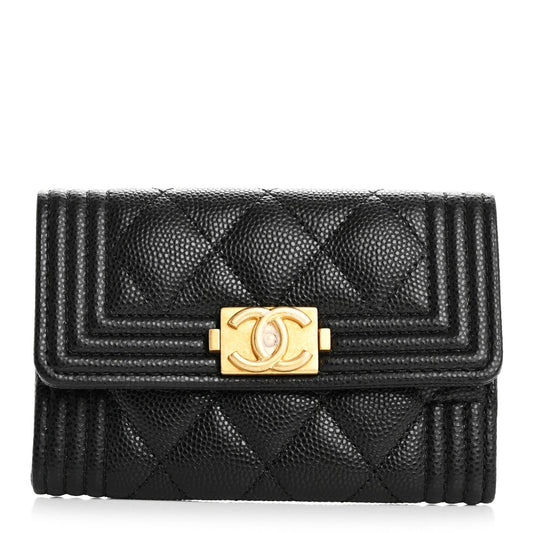 Amelia Caviar Quilted Boy Flap Card Holder Black