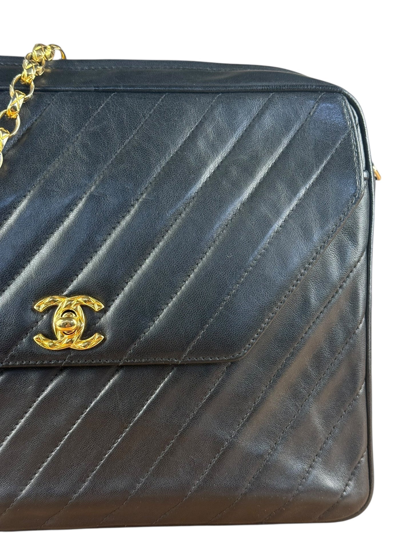 Chanel Black Leather Bias Stitch Camera Bag 1992