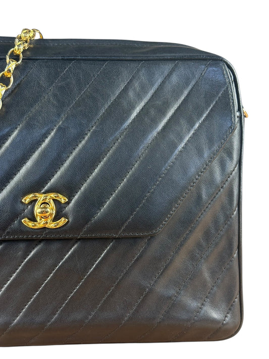 Chanel Black Leather Bias Stitch Camera Bag 1992