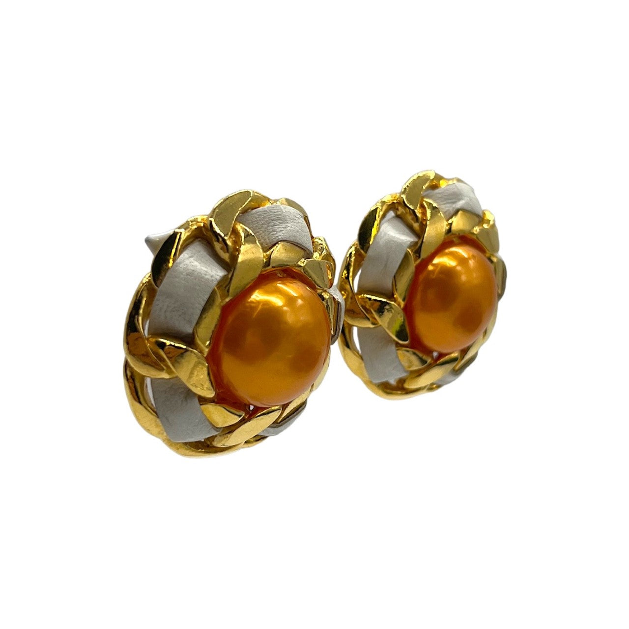 Chanel Orange Synthetic Pearl Leather & Chain Earrings