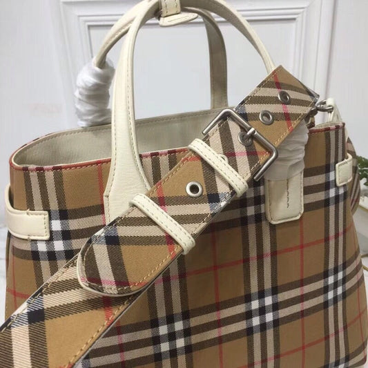B-Berry - BB  House Check Derby Medium Banner Purse Tote White For Women, Women’s Bags 14in/35cm