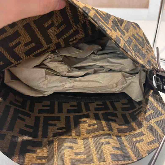 Fendi Zucchino Double Flap Baguette Shoulder Bag, Brown Canvas & Leather