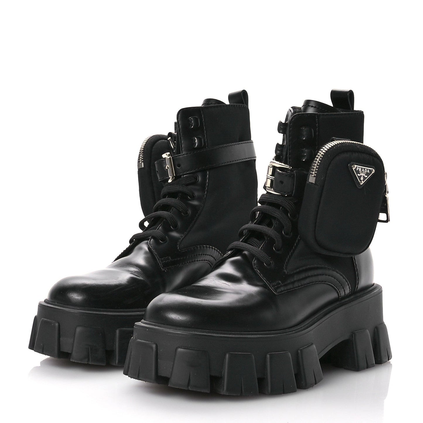 Prada Spazzolato Rois Re-Nylon Metal Triangle Logo Monolith Pouch Pocket 55mm Boots 35.5 Black
