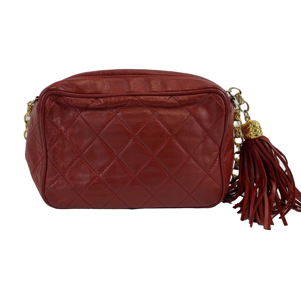 CHANEL   CC Red Lambskin Gold Chain Tassel Camera Bag Crossbody
