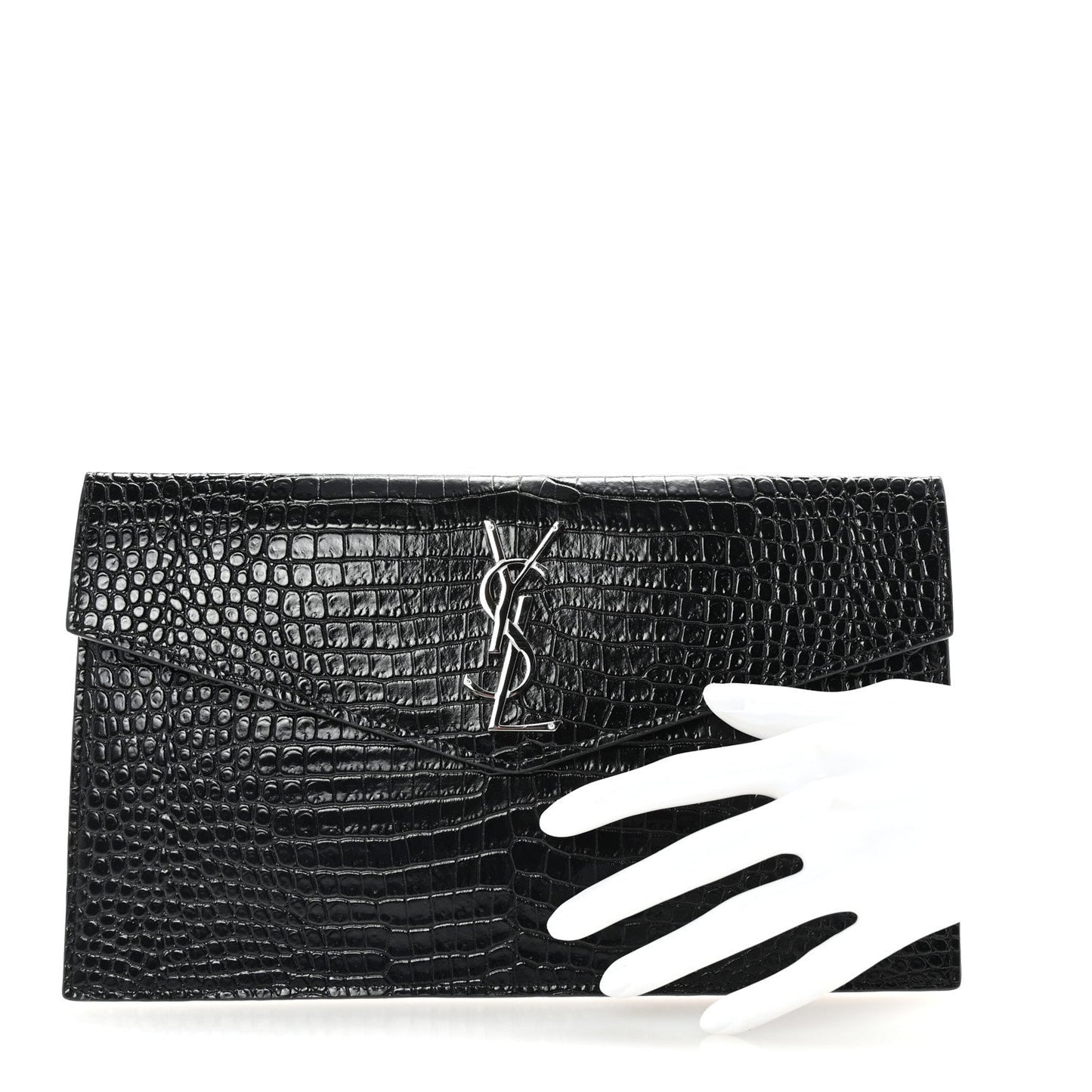 Saint Laurent Calfskin Crocodile Embossed Uptown Monogram Clutch Black