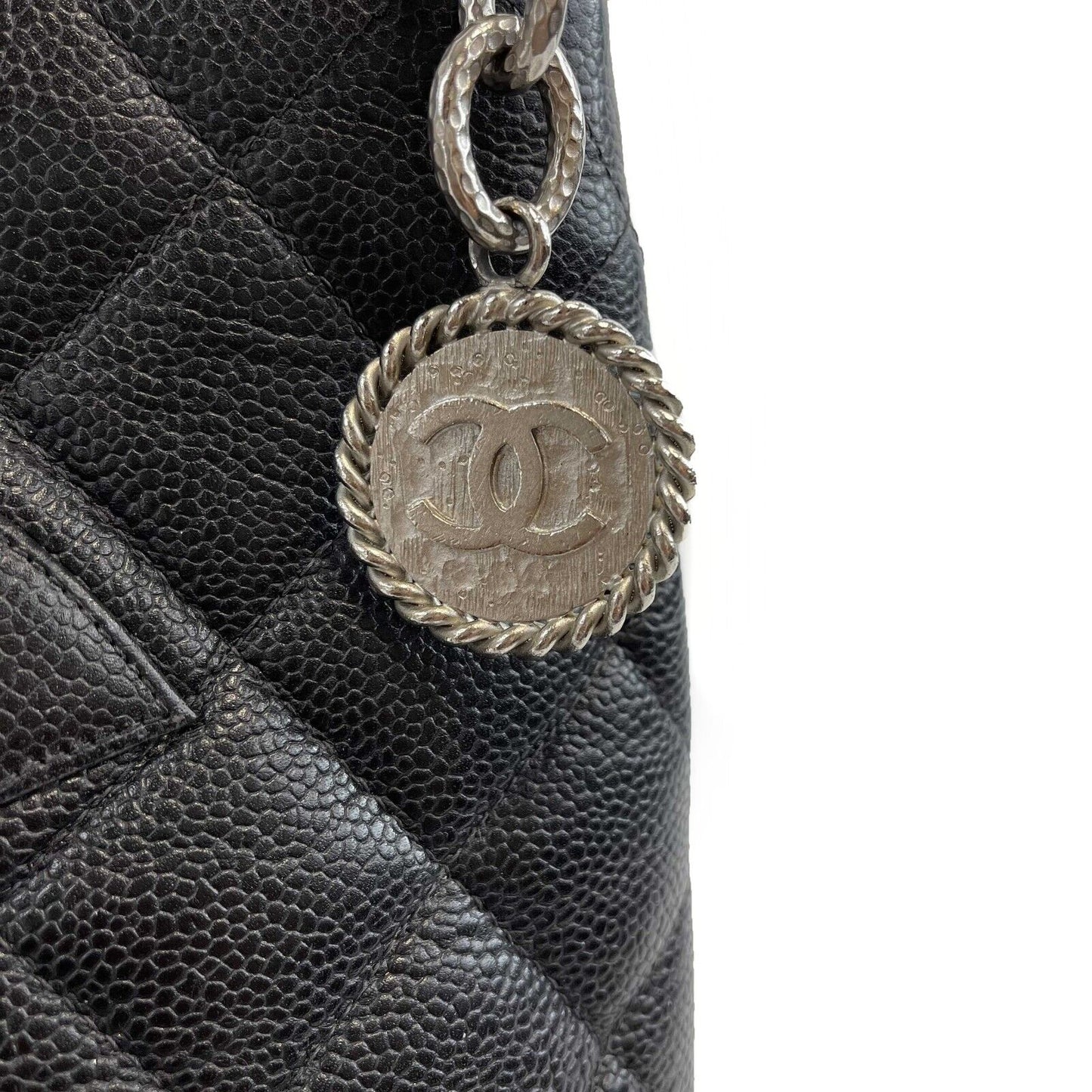 CHANEL CC Medallion Black Diamond Quilted Caviar Leather Tote / Shoulder Bag