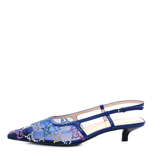 Amelia Tela Retino Nappa Charlotte Crystal GG Monogram Square G 35mm Slingback Pumps 35.5 Splash Net Blue Witch