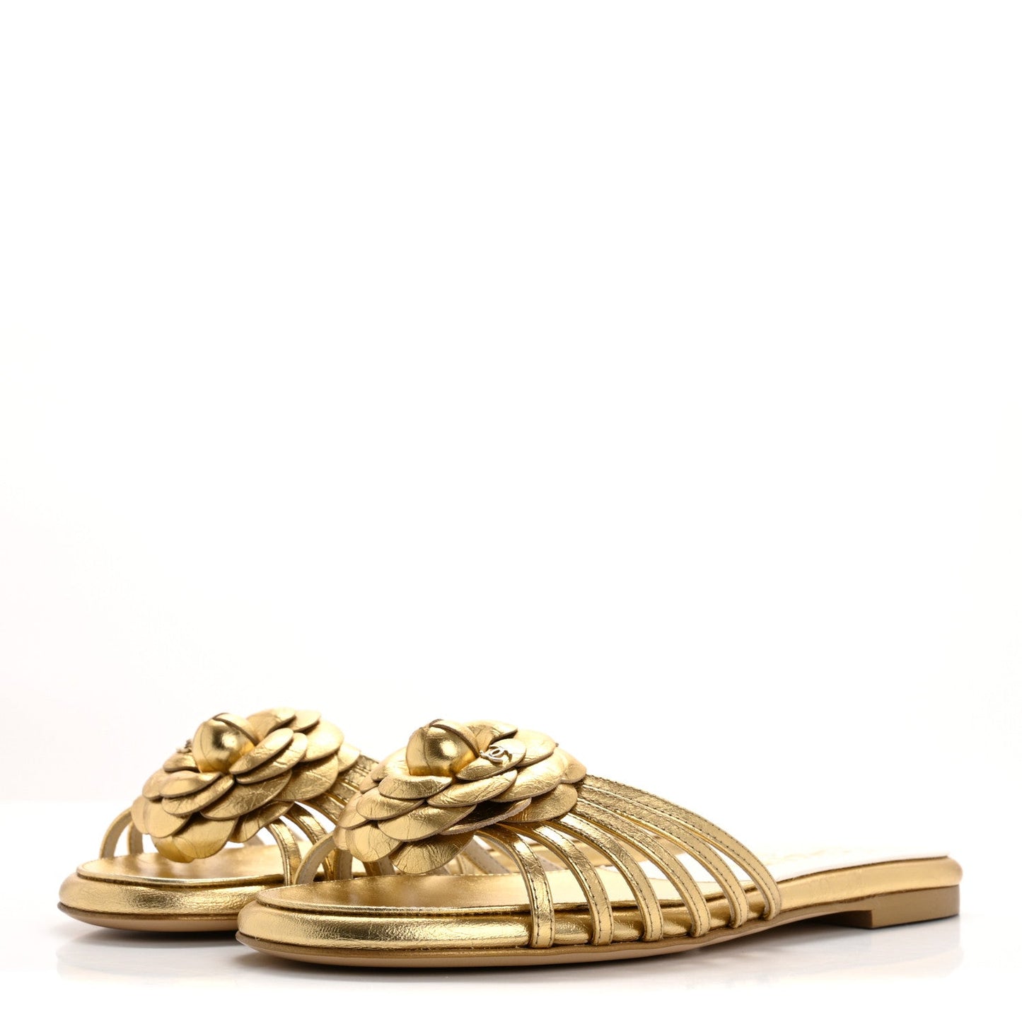 Amelia Laminated Lambskin Camellia CC Slide Sandals 36 Golden
