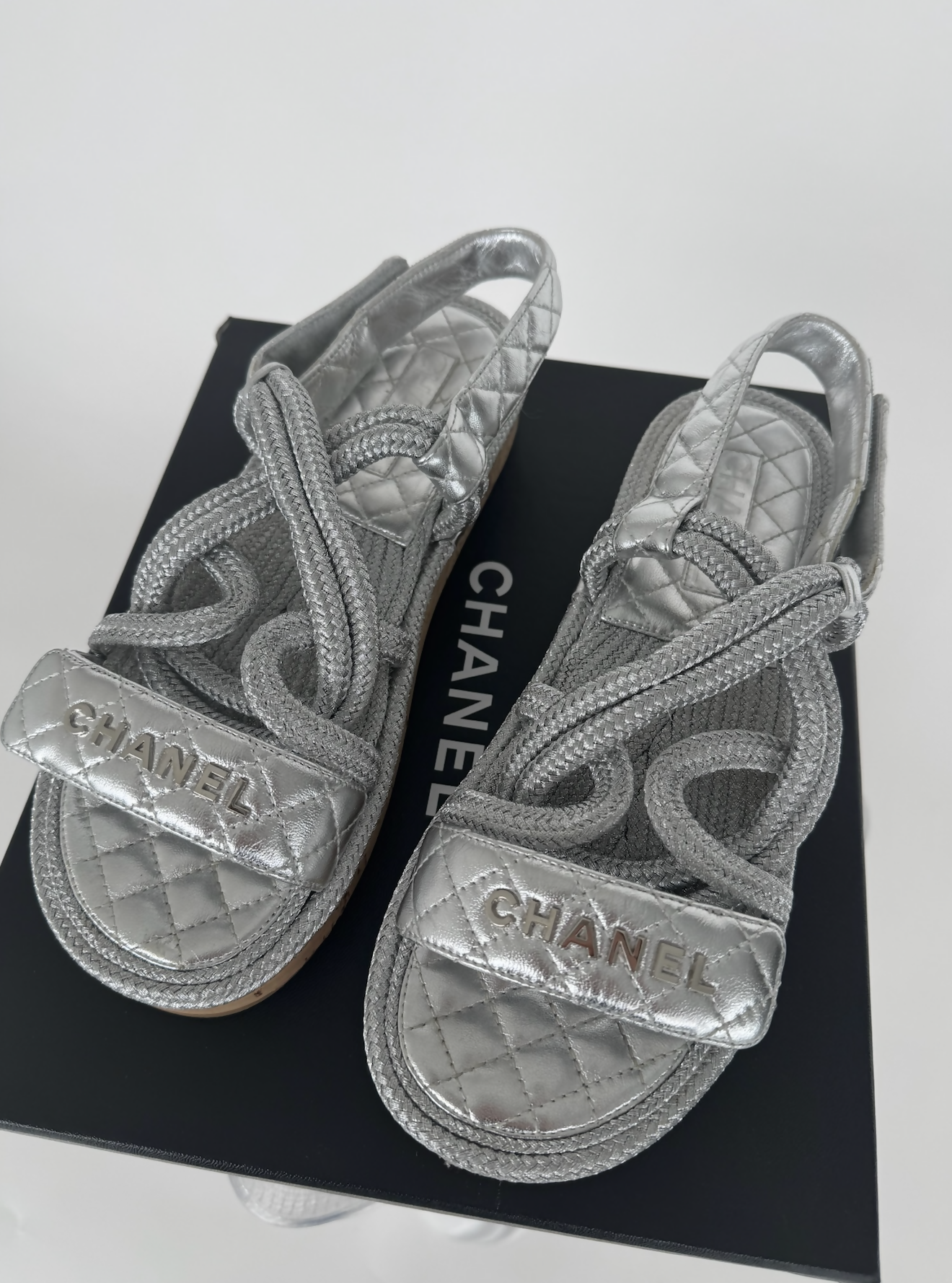Chanel Metallic Cord Lambskin Quilted Logo Sandals - full set