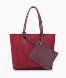 Burgundy suede tote bag with detachable pouch