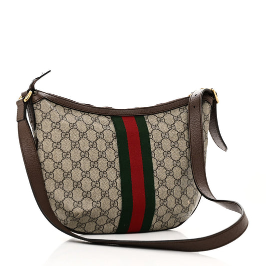 Amelia GG Supreme Monogram Web Small Ophidia Half Moon Hobo Brown