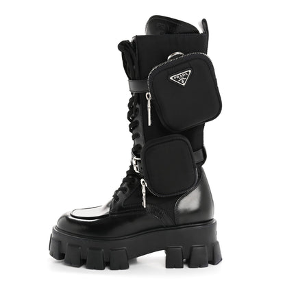 Prada Spazzolato Rois Re-Nylon Metal Triangle Logo Monolith Pouch Pocket 55mm Tall Combat Boots 36.5 Black