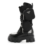 Prada Spazzolato Rois Re-Nylon Metal Triangle Logo Monolith Pouch Pocket 55mm Tall Combat Boots 36.5 Black