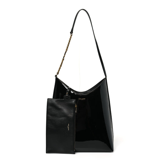 Saint Laurent Patent Calfskin Rendez-Vous Hobo Black