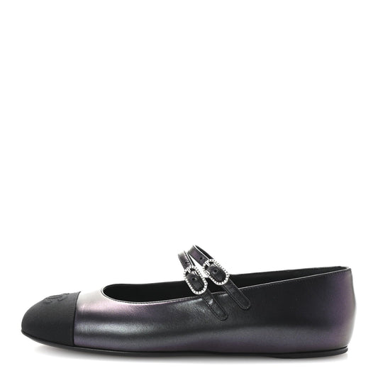 Amelia Lambskin Grosgrain Pearl Mary Jane Flats 38.5 Black