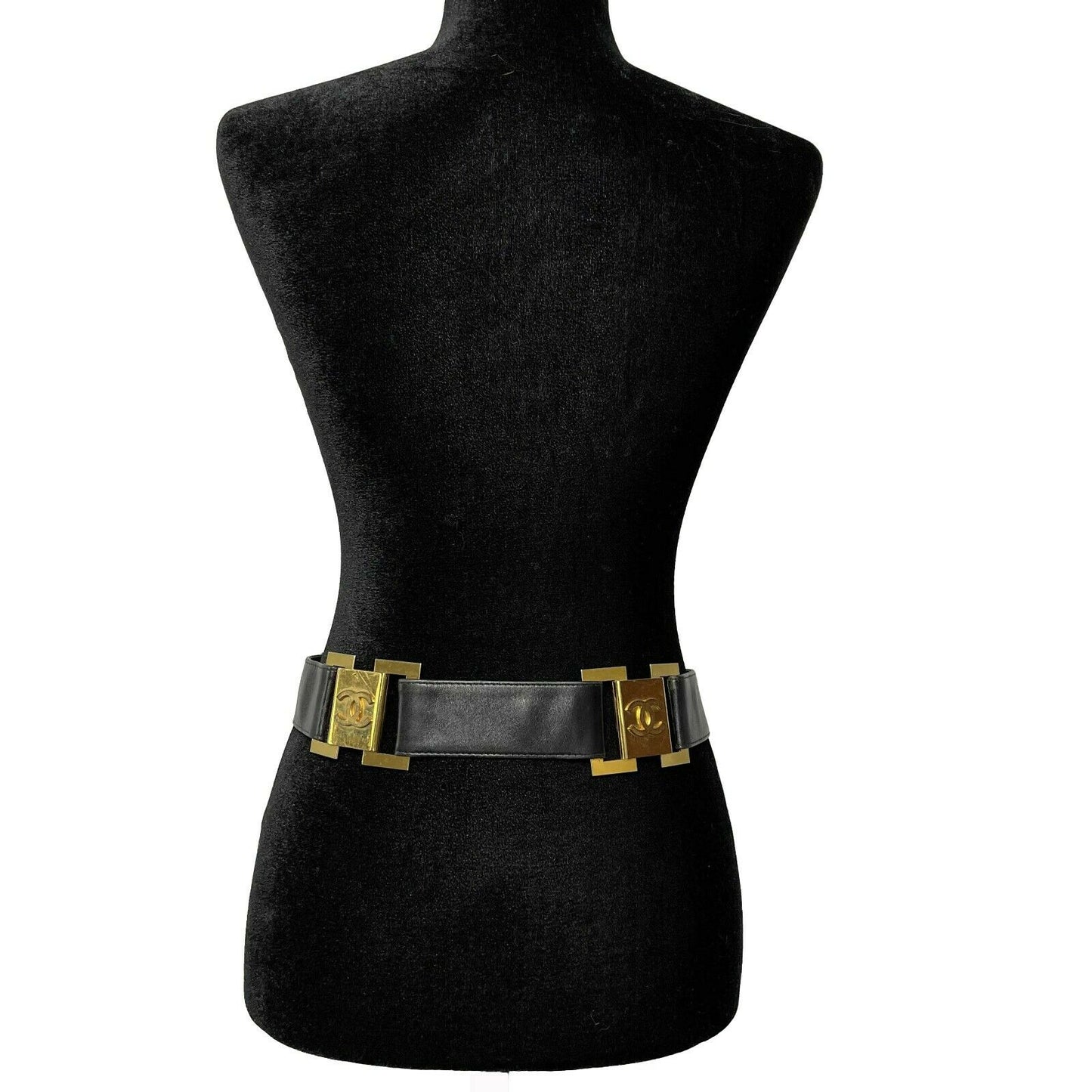 CHANEL   1980's Black Leather and Gold Buckle CC Link Belt